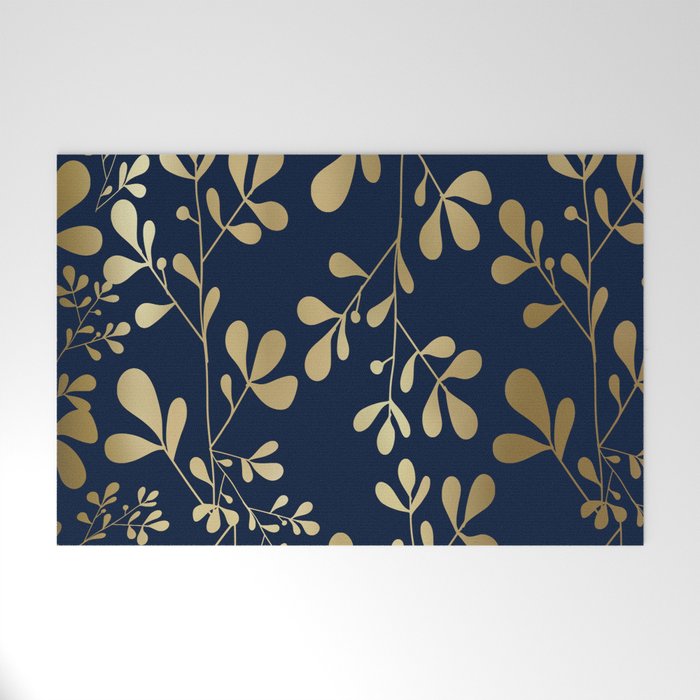 Floral Leaves Navy Blue and Gold Welcome Mat Gallery Image 1