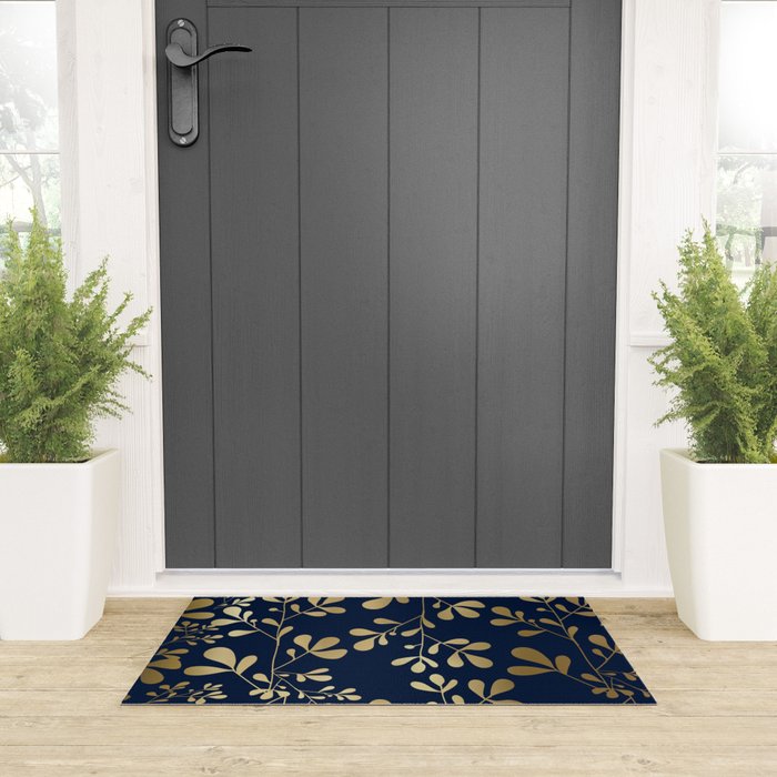 Floral Leaves Navy Blue and Gold Welcome Mat Gallery Image 3