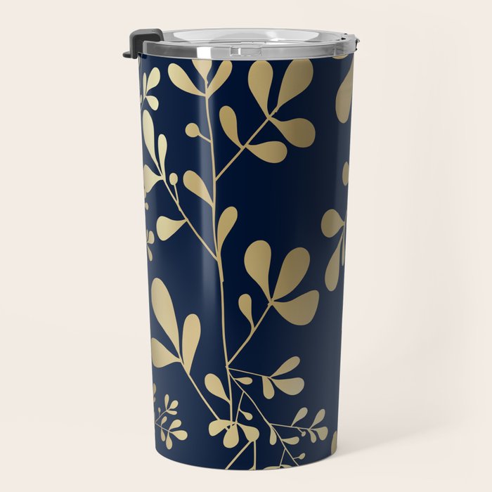 Floral Leaves Navy Blue and Gold Travel Mug Gallery Image 3