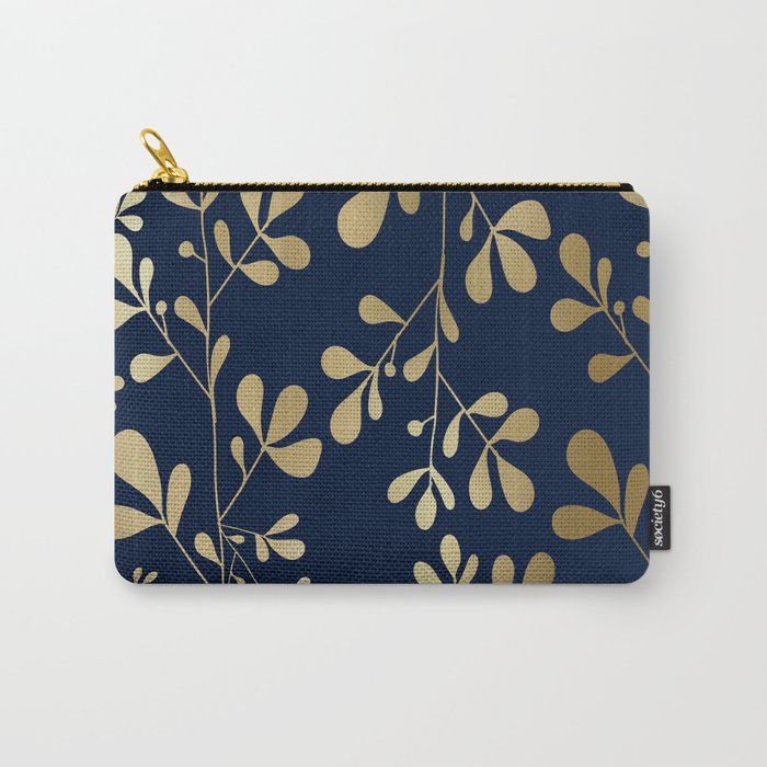 Floral Leaves Navy Blue and Gold Carry All Pouch Gallery Image 1