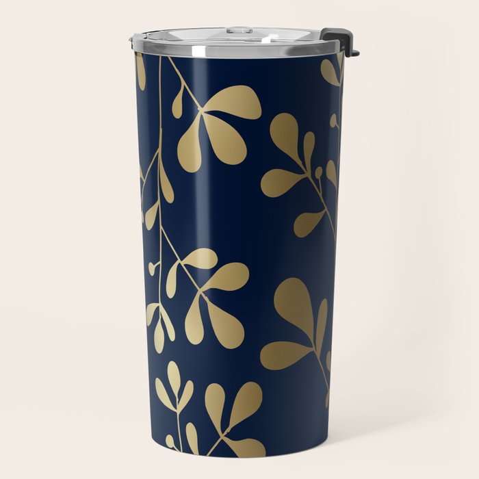 Floral Leaves Navy Blue and Gold Travel Mug Gallery Image 2