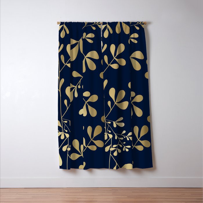 Floral Leaves Navy Blue and Gold Window Curtain Gallery Image 3