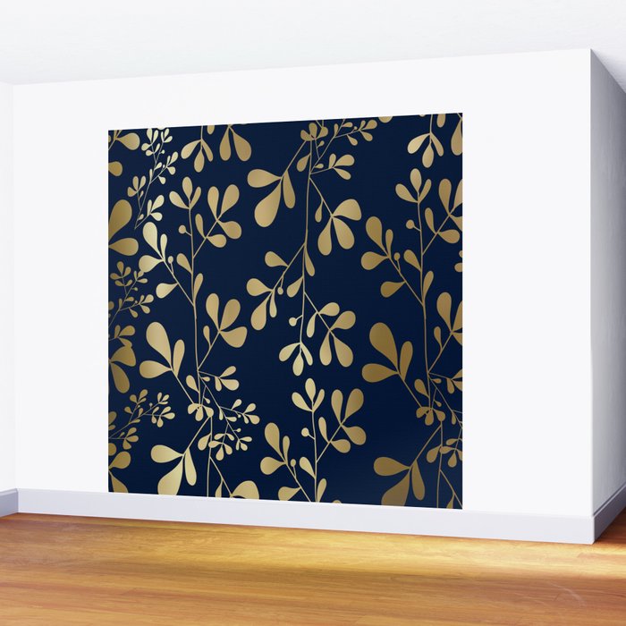 Floral Leaves Navy Blue and Gold Wall Mural Gallery Image 2