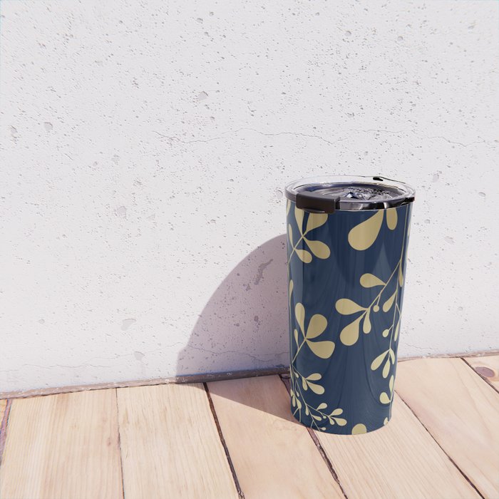 Floral Leaves Navy Blue and Gold Travel Mug Gallery Image 4
