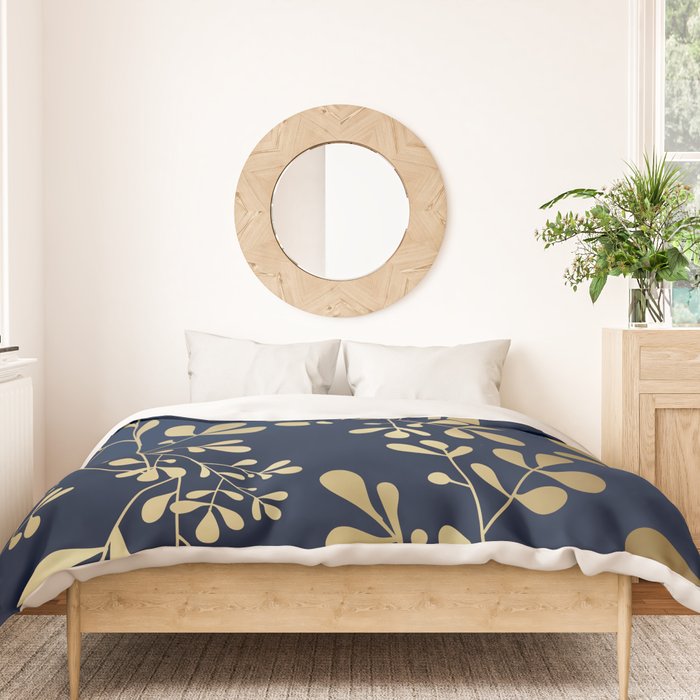 Floral Leaves Navy Blue and Gold Duvet Cover Gallery Image 3