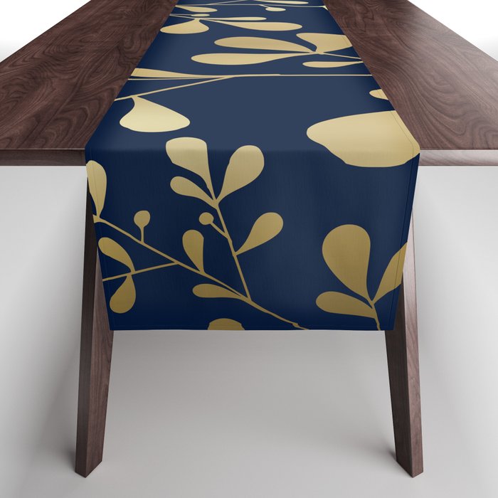 Floral Leaves Navy Blue and Gold Table Runner Gallery Image 1