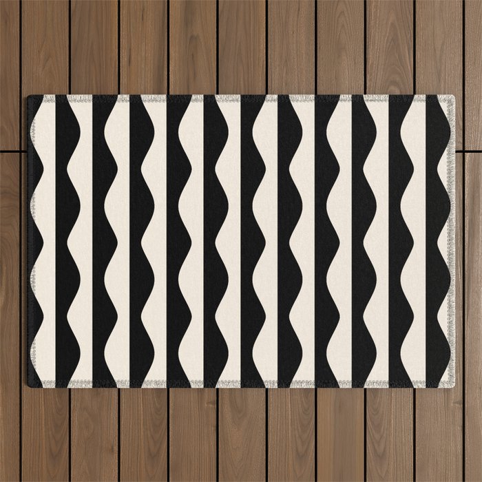 Retro Wavy Lines Pattern in Black & White Outdoor Rug Gallery Image 1