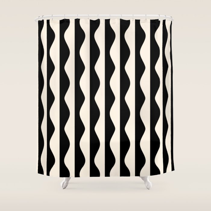 Retro Wavy Lines Pattern in Black & White Shower Curtain Gallery Image 1