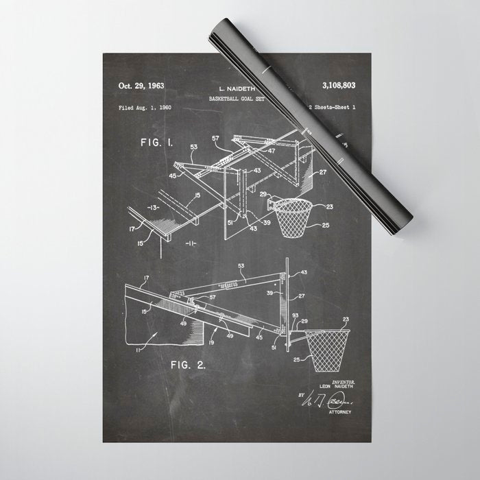 Basketball Patent - Basketball Player Coach Team Art - Black Chalkboard Wrapping Paper Gallery Image 1