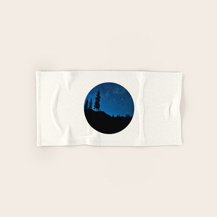 Mid Century Modern Round Circle Photo Blue Star Night Sky Pine Tree Silhouette Towels Gallery Image 1
