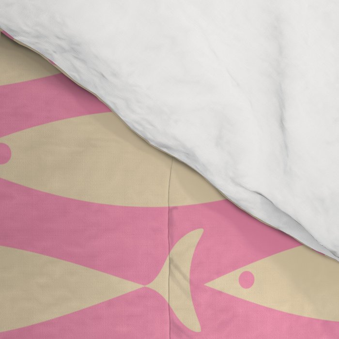 Mid Century Modern Minimalist Fish Pink Cream Pattern Comforter Gallery Image 4