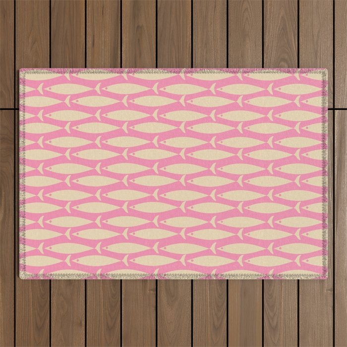 Mid Century Modern Minimalist Fish Pink Cream Pattern Outdoor Rug Gallery Image 1