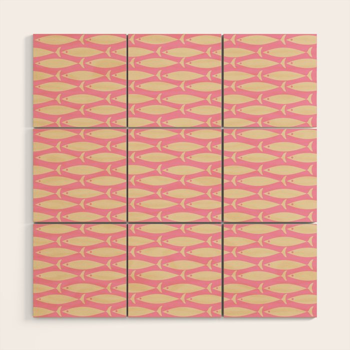 Mid Century Modern Minimalist Fish Pink Cream Pattern Wood Wall Art Gallery Image 1