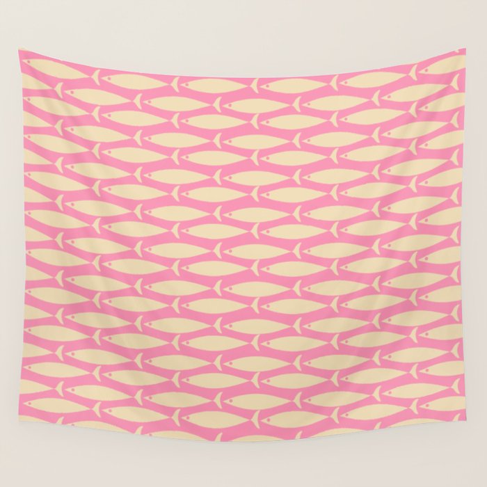 Mid Century Modern Minimalist Fish Pink Cream Pattern Wall Tapestry Gallery Image 4