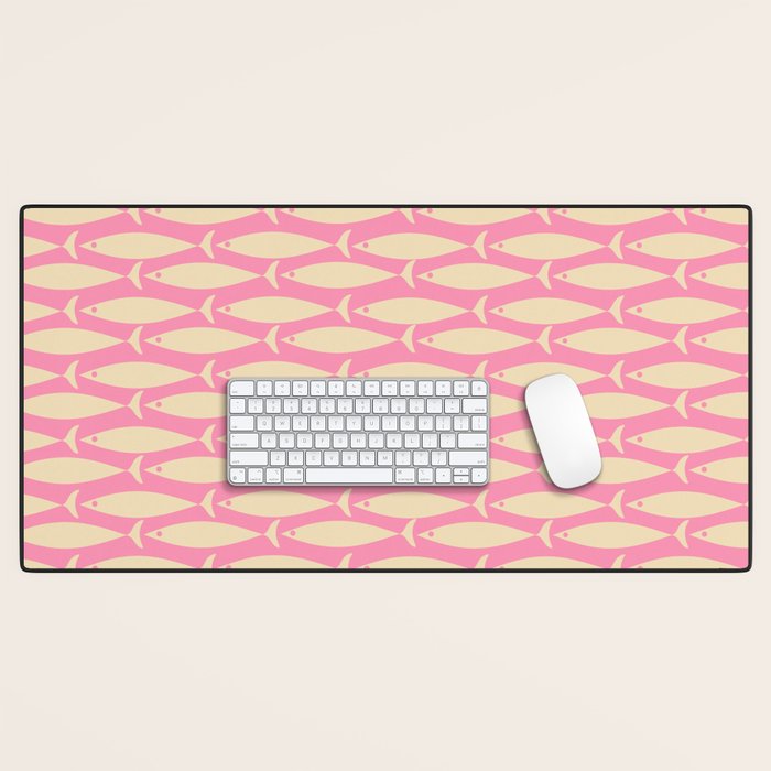 Mid Century Modern Minimalist Fish Pink Cream Pattern Desk Mat Gallery Image 1