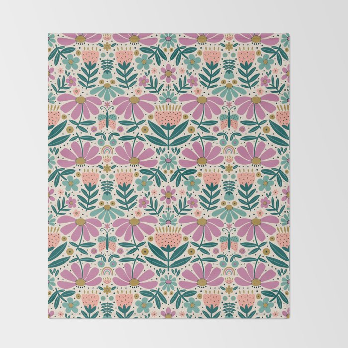 Pretty Floral - Lilac, Turquoise, Pink Throw Blanket Gallery Image 2