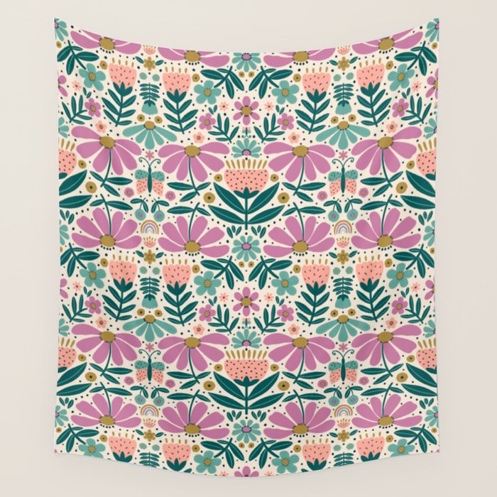 Pretty Floral - Lilac, Turquoise, Pink Wall Tapestry Gallery Image 1