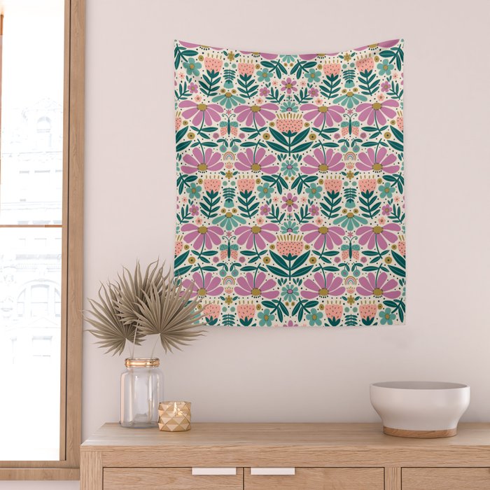 Pretty Floral - Lilac, Turquoise, Pink Wall Tapestry Gallery Image 2