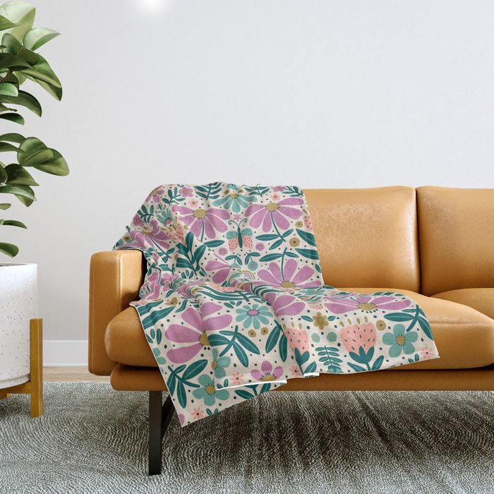 Pretty Floral - Lilac, Turquoise, Pink Throw Blanket Gallery Image 1