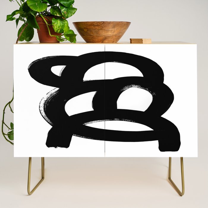 Black & White Minimalist Abstract Mid century Ink Art Dark Brush Strokes Credenza Gallery Image 1