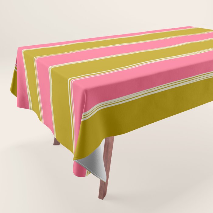 Bold Lined Stripes Pattern in Pink Chartreuse Cream Tablecloth Gallery Image 1
