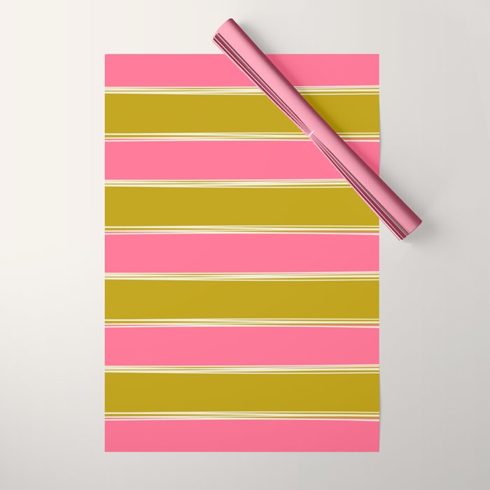 Bold Lined Stripes Pattern in Pink Chartreuse Cream Wrapping Paper Gallery Image 1