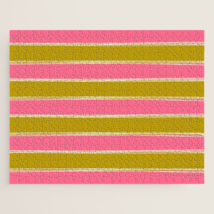 Bold Lined Stripes Pattern in Pink Chartreuse Cream Jigsaw Puzzle Gallery Image 1