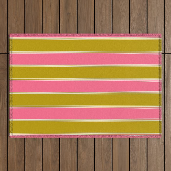Bold Lined Stripes Pattern in Pink Chartreuse Cream Outdoor Rug Gallery Image 1
