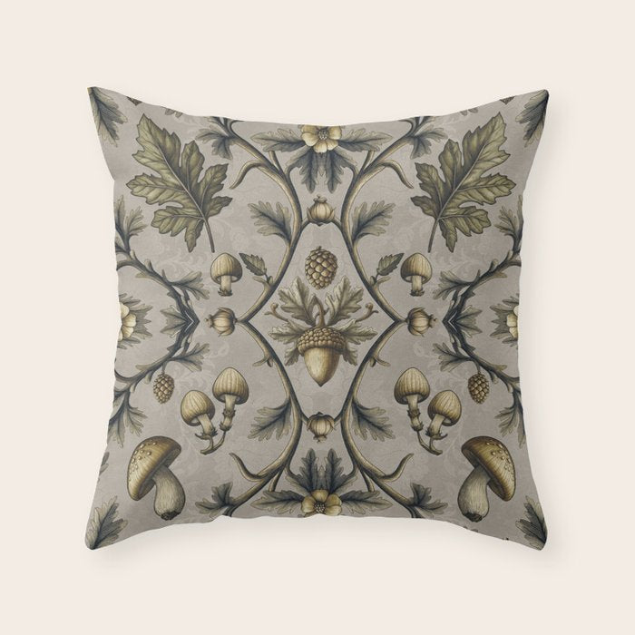 William Morris Style Forest Tales Cabincore Pattern Beige Throw Pillow Gallery Image 6