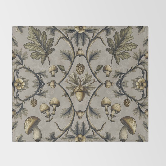 William Morris Style Forest Tales Cabincore Pattern Beige Throw Blanket Gallery Image 2