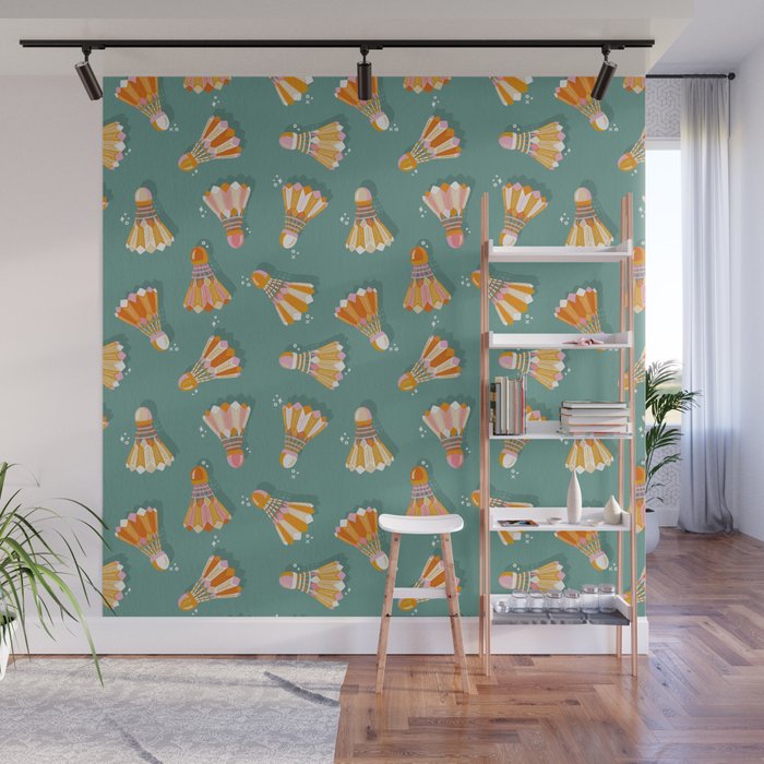 Badminton Birdies - Peach OmbrÃ© on Turquoise Wall Mural Gallery Image 1
