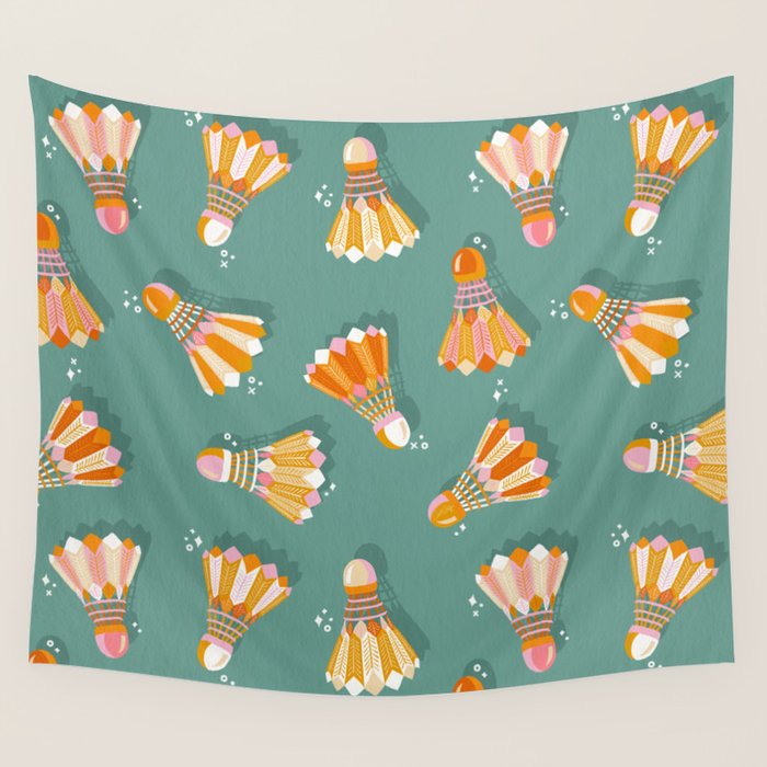Badminton Birdies - Peach OmbrÃ© on Turquoise Wall Tapestry Gallery Image 1