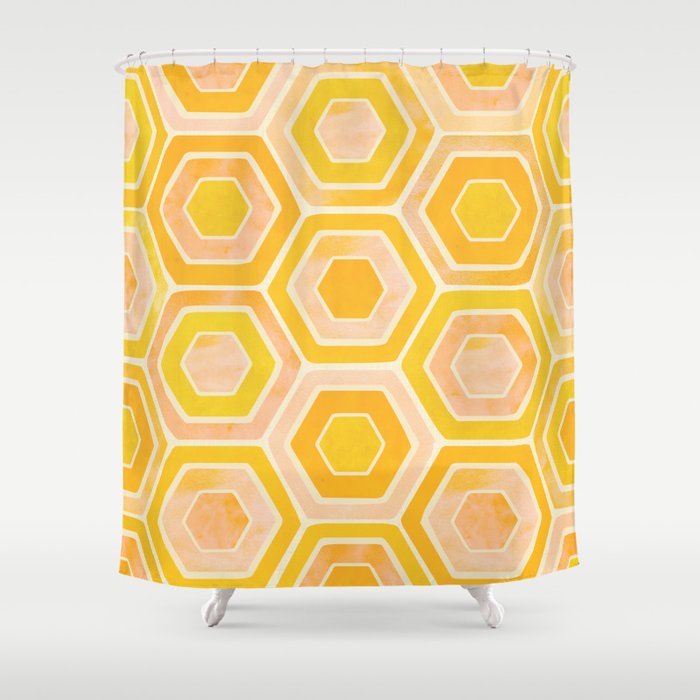 Golden Geometric Tiles Watercolor Shower Curtain Gallery Image 1