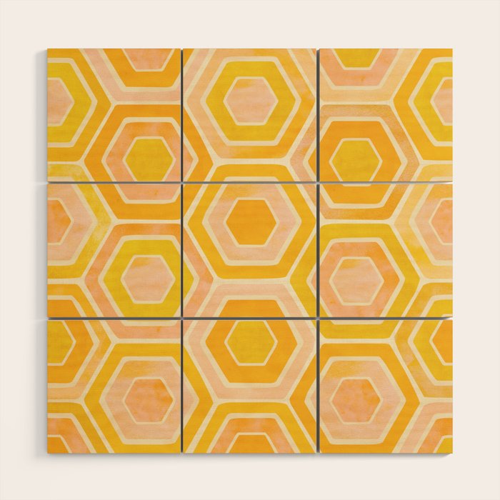 Golden Geometric Tiles Watercolor Wood Wall Art Gallery Image 1