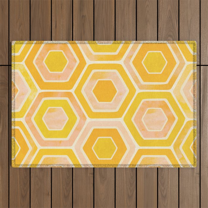 Golden Geometric Tiles Watercolor Outdoor Rug Gallery Image 1