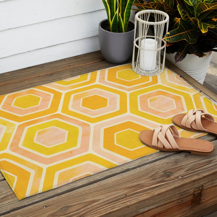 Golden Geometric Tiles Watercolor Outdoor Rug Gallery Image 2