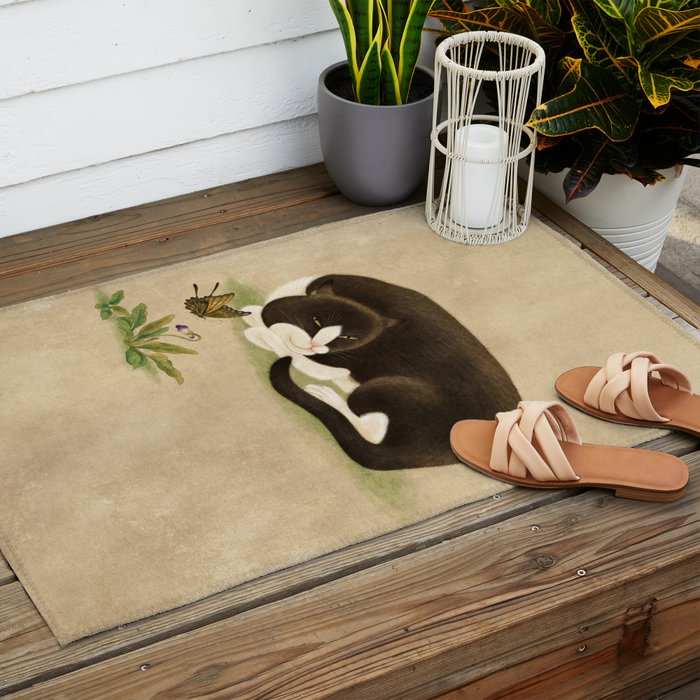 Minhwa: cat & butterfly 2 (Korean traditional/folk art)  Outdoor Rug Gallery Image 2