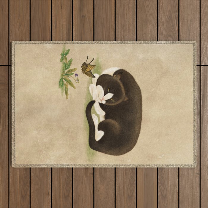 Minhwa: cat & butterfly 2 (Korean traditional/folk art)  Outdoor Rug Gallery Image 1