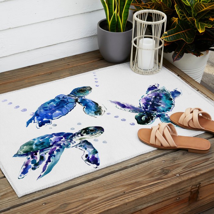 Three Sea Turtles, Marine Blue Aquatic design Outdoor Rug Gallery Image 2