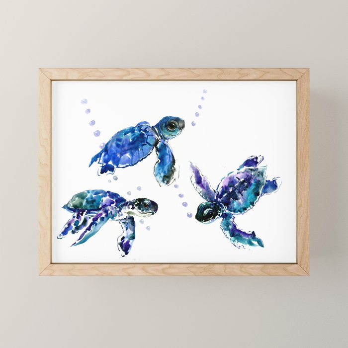 Three Sea Turtles, Marine Blue Aquatic design Mini Art Print Gallery Image 1