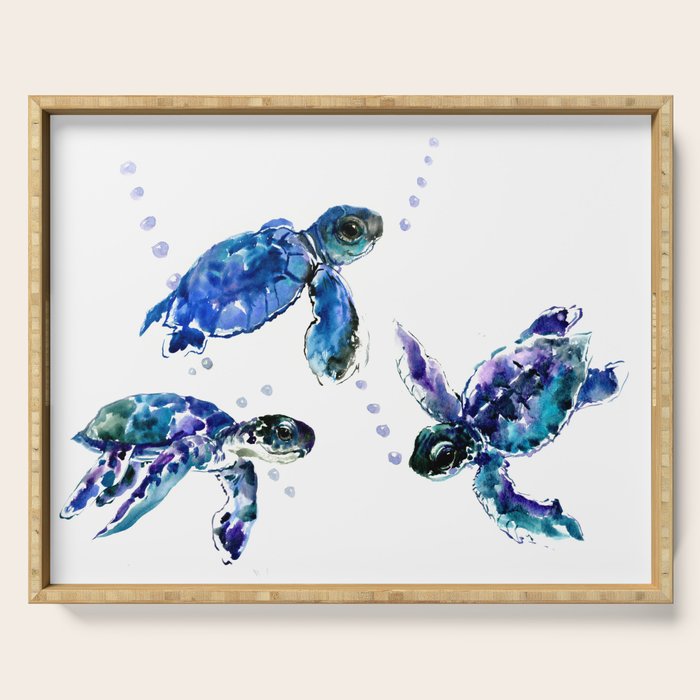 Three Sea Turtles, Marine Blue Aquatic Design Serving Tray