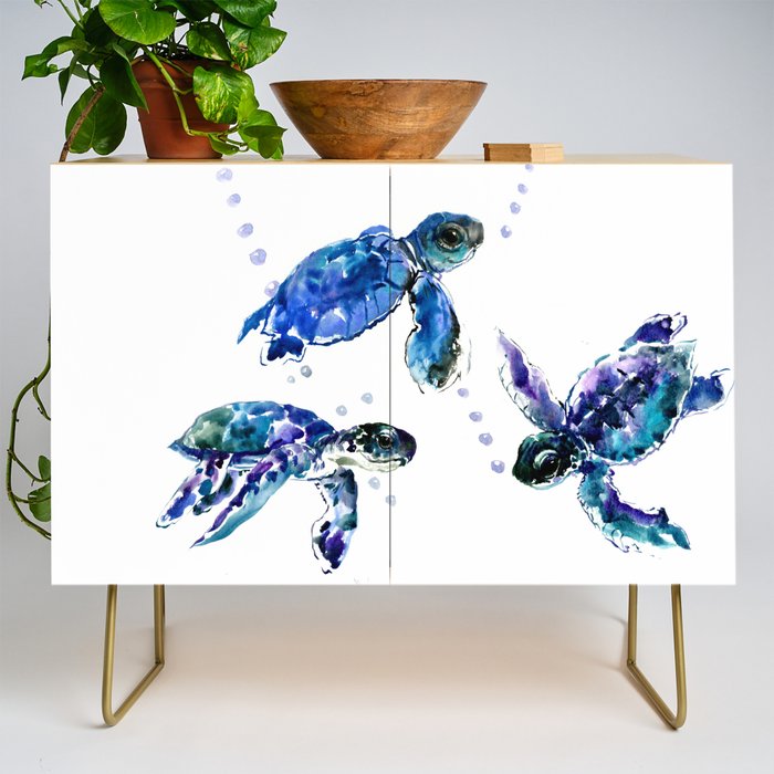 Three Sea Turtles, Marine Blue Aquatic design Credenza Gallery Image 1