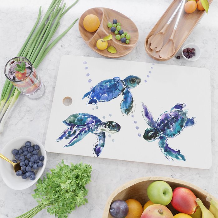 Three Sea Turtles, Marine Blue Aquatic design Cutting Board Gallery Image 2