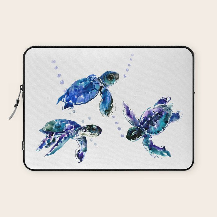 Three Sea Turtles, Marine Blue Aquatic design Laptop Sleeve Gallery Image 1