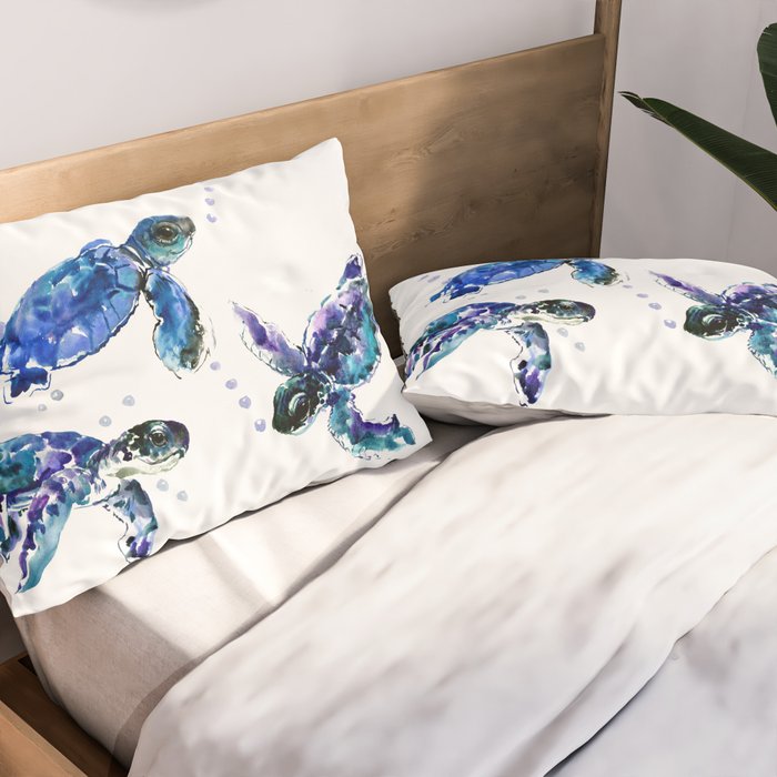 Three Sea Turtles, Marine Blue Aquatic design Pillow Sham Gallery Image 2