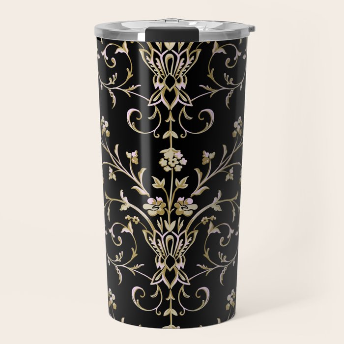 Elegant Antique Baroque Black & Gold Scroll Pattern Travel Mug Gallery Image 1