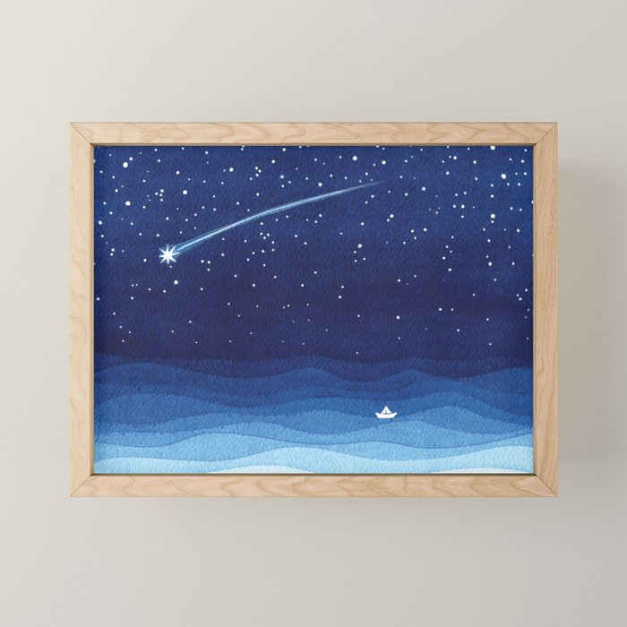 Falling star, shooting star, sailboat ocean waves blue sea Mini Art Print Gallery Image 1