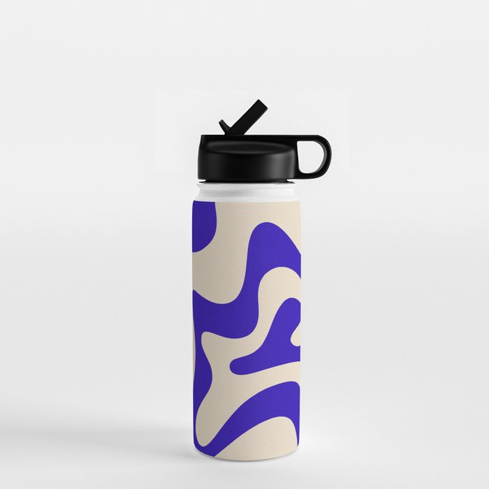 Retro Liquid Swirl Abstract Pattern Square in Beige and Cobalt Blue Water Bottle Gallery Image 1