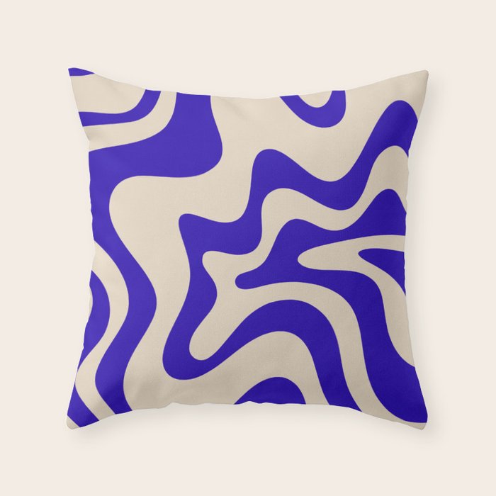 Retro Liquid Swirl Abstract Pattern Square in Beige and Cobalt Blue Throw Pillow Gallery Image 6