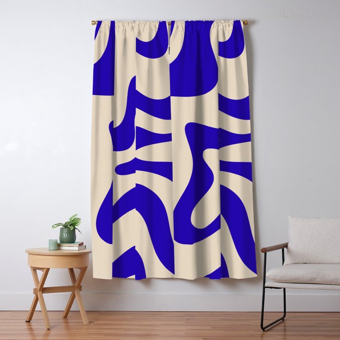 Retro Liquid Swirl Abstract Pattern Square in Beige and Cobalt Blue Window Curtain Gallery Image 1